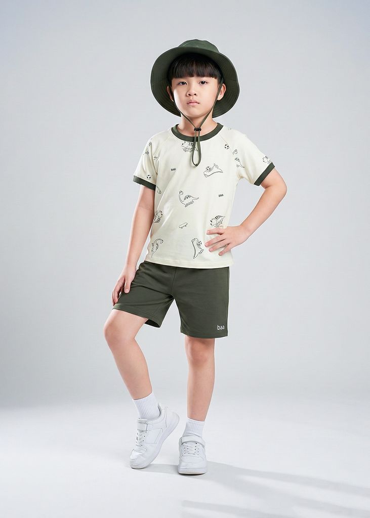 Bộ Thun Ngắn Tay Bé Trai Kem Hoạ Tiết Khủng Long Phối Xanh Lá