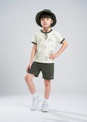 Bộ Thun Ngắn Tay Bé Trai Kem Hoạ Tiết Khủng Long Phối Xanh Lá