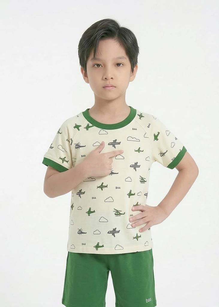 Bộ Thun Ngắn Tay Bé Trai Kem Hoạ Tiết Máy Bay Phối Xanh Lá