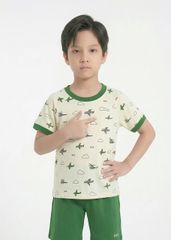 Bộ Thun Ngắn Tay Bé Trai Kem Hoạ Tiết Máy Bay Phối Xanh Lá