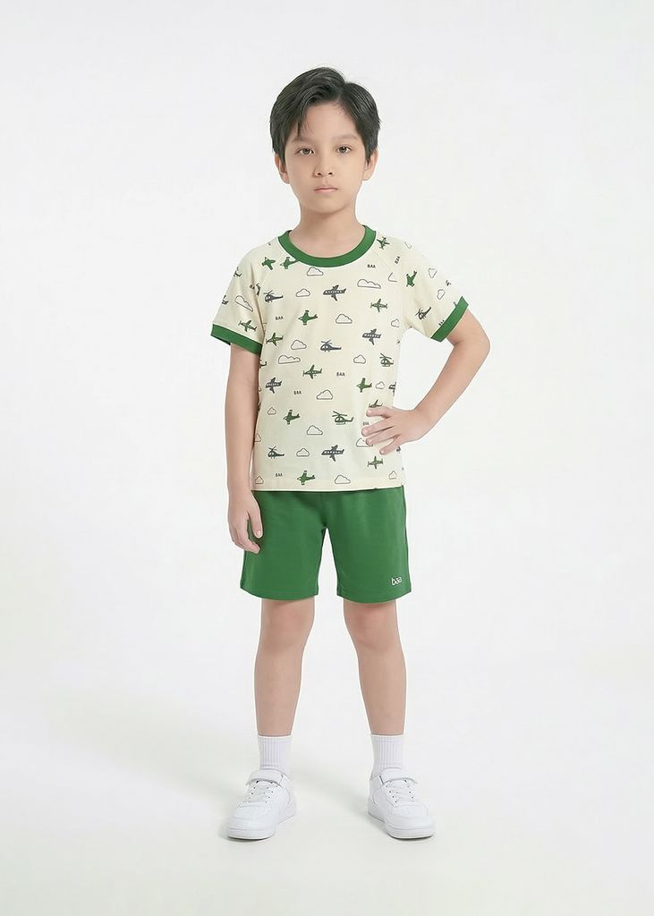 Bộ Thun Ngắn Tay Bé Trai Kem Hoạ Tiết Máy Bay Phối Xanh Lá