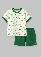 Bộ Thun Ngắn Tay Bé Trai Kem Hoạ Tiết Máy Bay Phối Xanh Lá