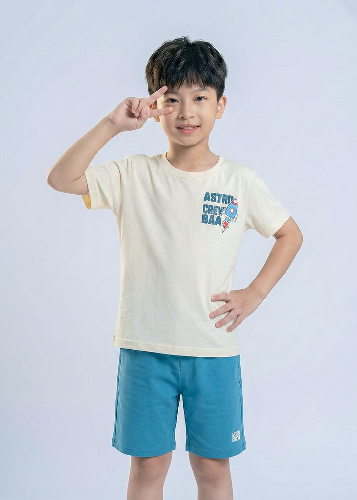 Bộ Thun Ngắn Tay Bé Trai Kem Vũ Trụ Phối Xanh