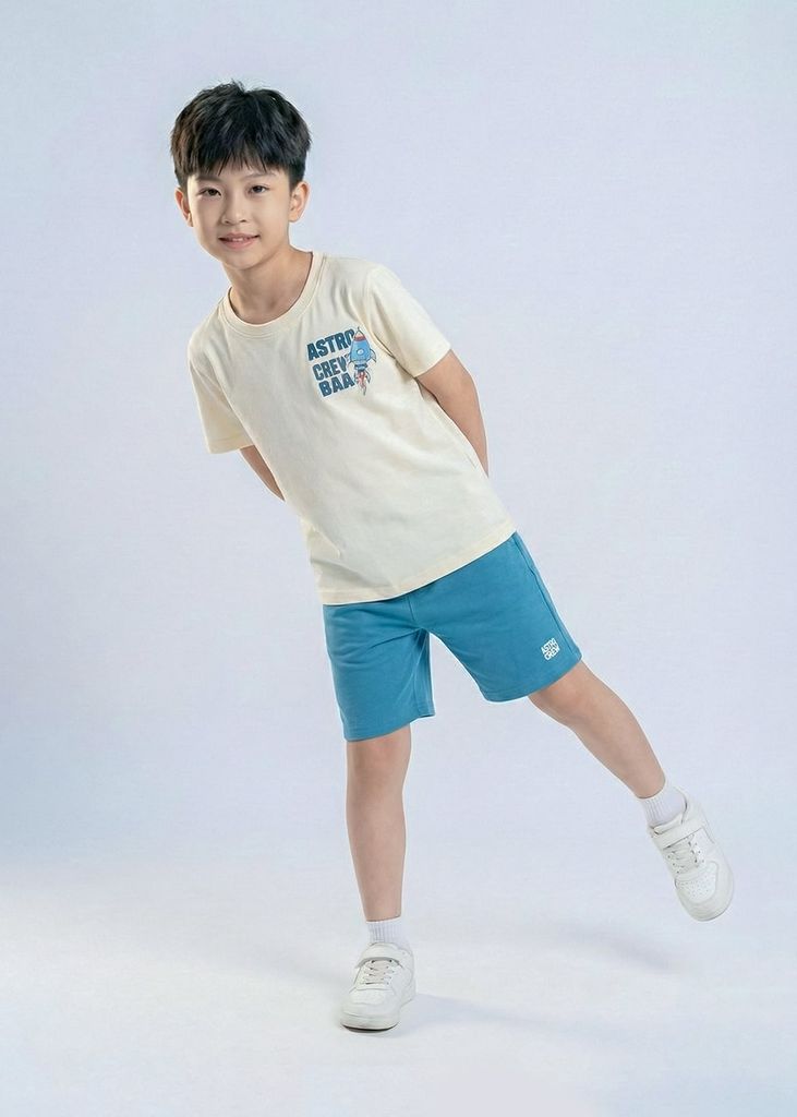 Bộ Thun Ngắn Tay Bé Trai Kem Vũ Trụ Phối Xanh