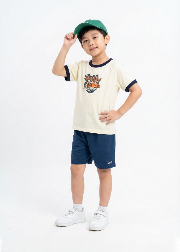 Bộ Thun Ngắn Tay Bé Trai Kem Xe Đua Phối Navy