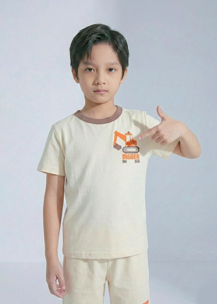 Bộ Thun Ngắn Tay Bé Trai Nâu Nhạt Digger