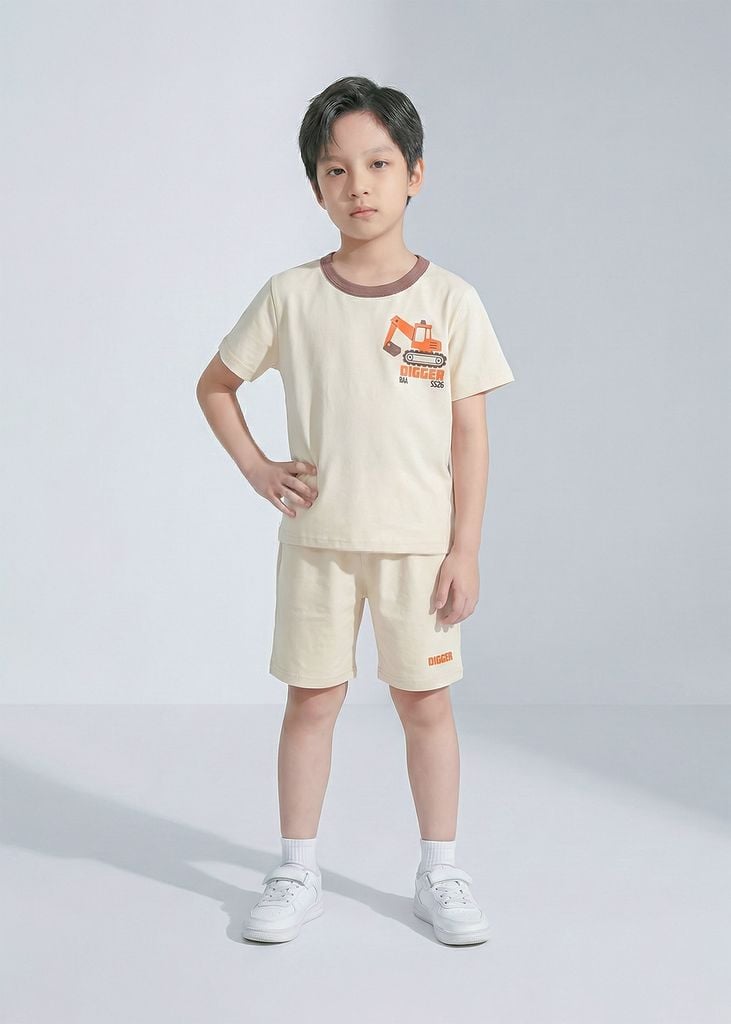 Bộ Thun Ngắn Tay Bé Trai Nâu Nhạt Digger