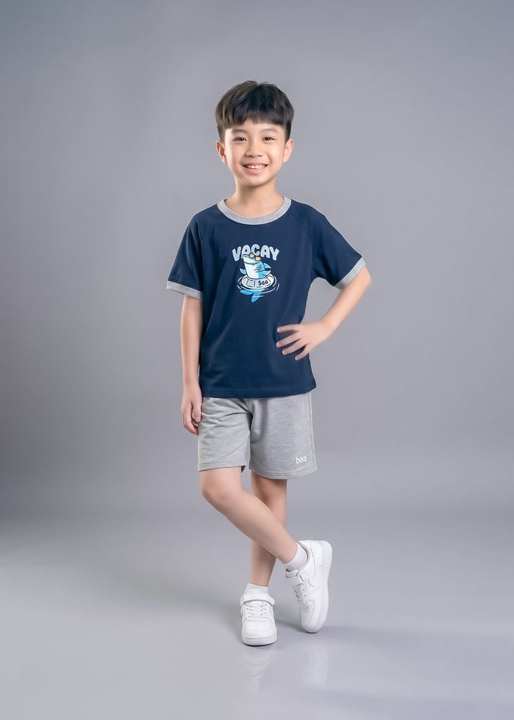 Bộ Thun Ngắn Tay Bé Trai Navy Cá Mập Phối Xám