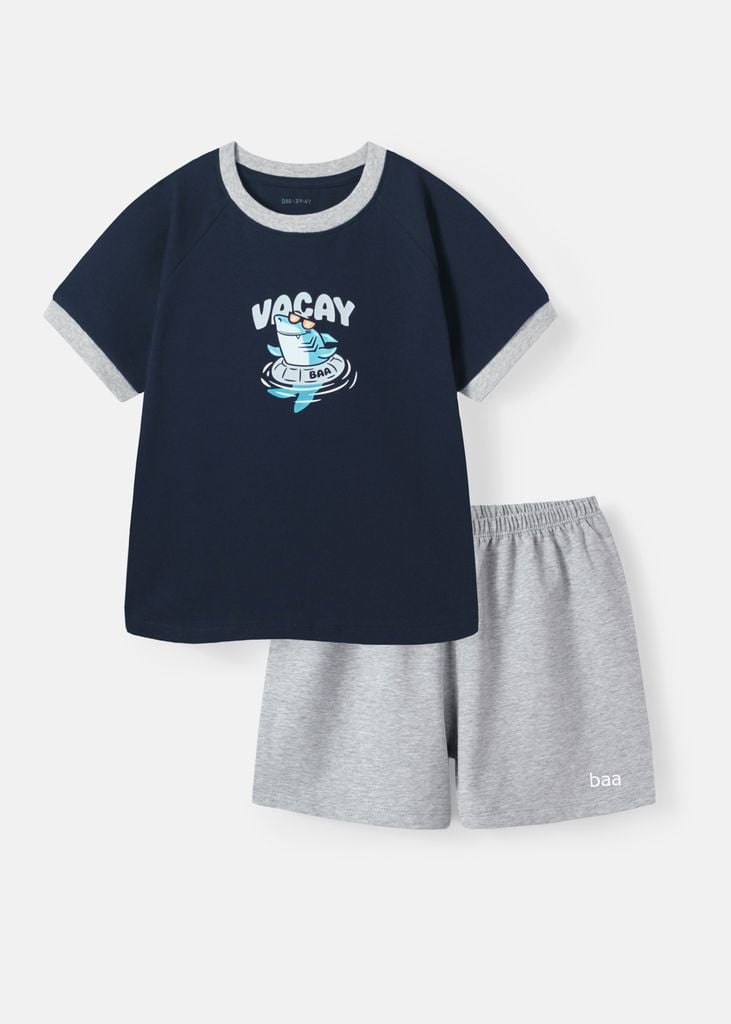 Bộ Thun Ngắn Tay Bé Trai Navy Cá Mập Phối Xám