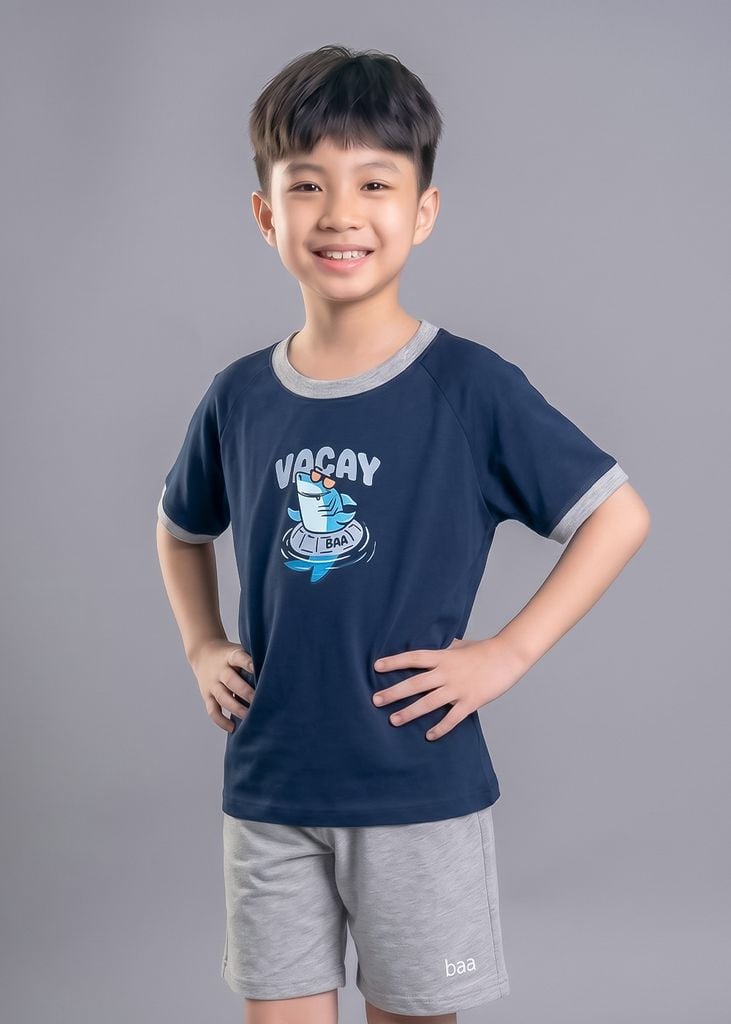 Bộ Thun Ngắn Tay Bé Trai Navy Cá Mập Phối Xám