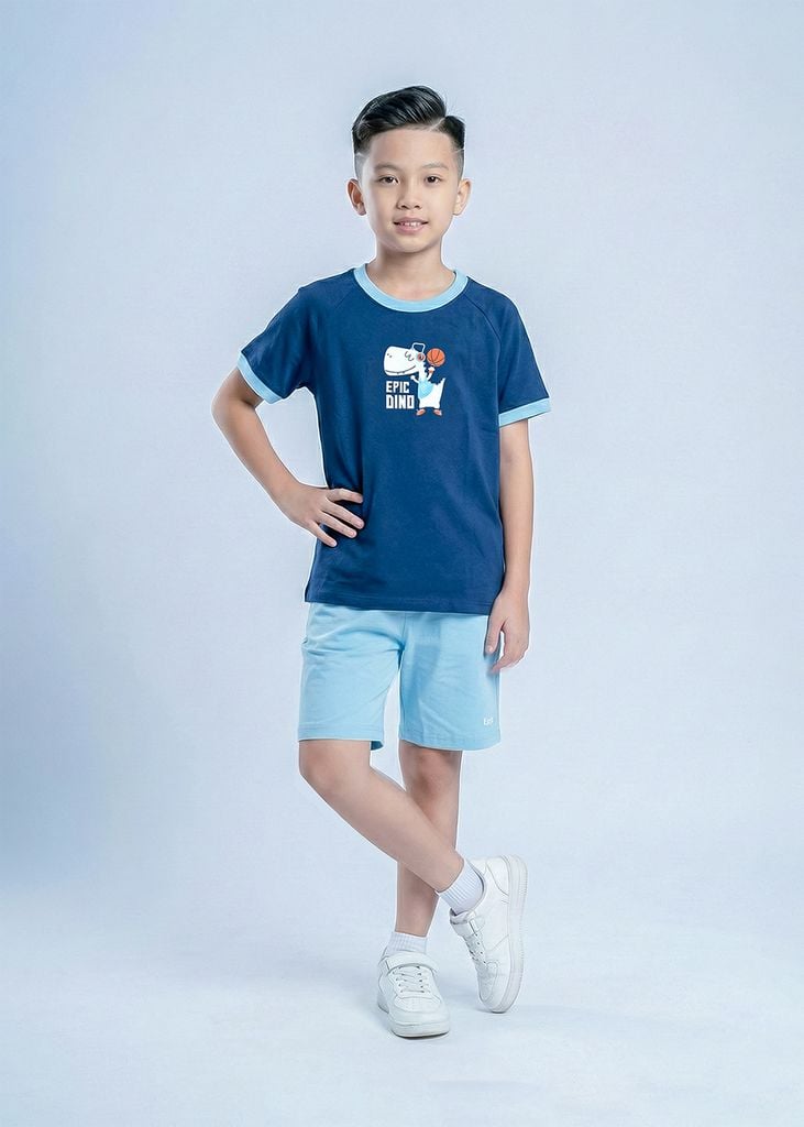 Bộ Thun Ngắn Tay Bé Trai Navy Khủng Long Phối Xanh