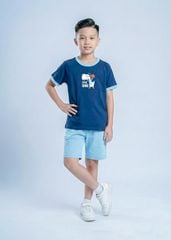 Bộ Thun Ngắn Tay Bé Trai Navy Khủng Long Phối Xanh