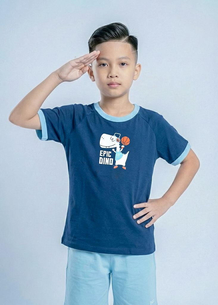 Bộ Thun Ngắn Tay Bé Trai Navy Khủng Long Phối Xanh