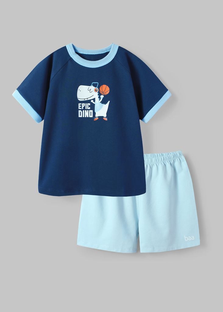 Bộ Thun Ngắn Tay Bé Trai Navy Khủng Long Phối Xanh