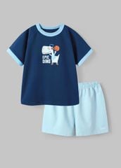 Bộ Thun Ngắn Tay Bé Trai Navy Khủng Long Phối Xanh