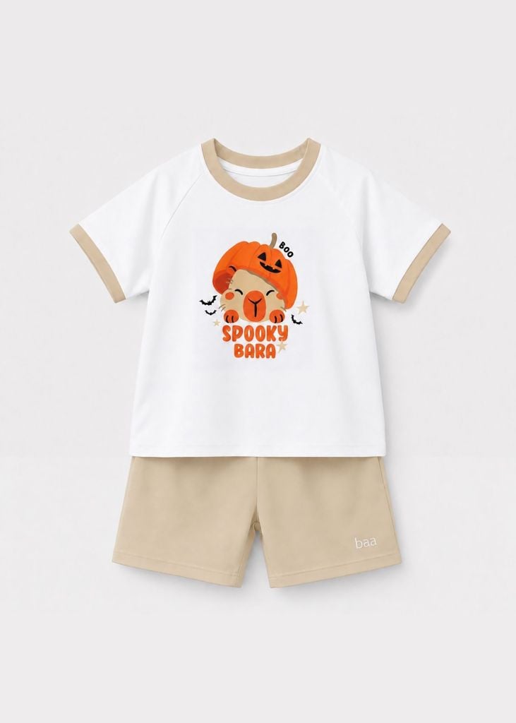 Bộ Thun Ngắn Tay Bé Trai Trắng Halloween Capybara Phối Be