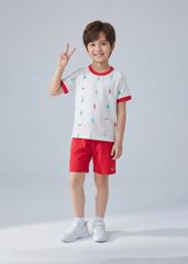 Bộ Thun Ngắn Tay Bé Trai Trắng Hoạ Tiết Cây Thông Phối Đỏ