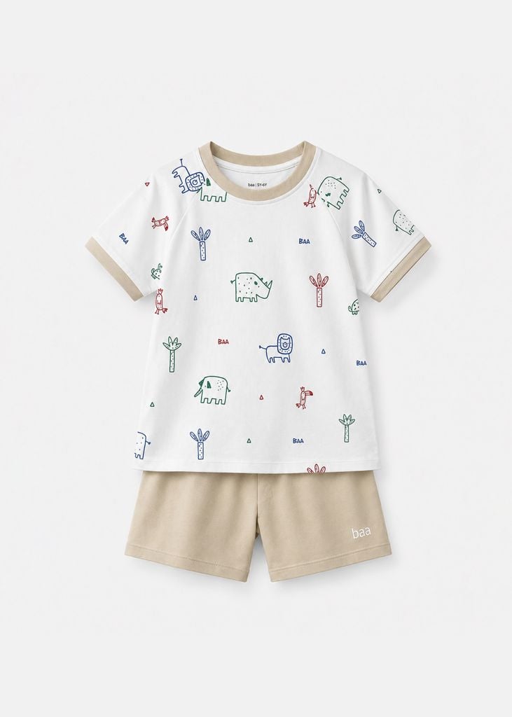 Bộ Thun Ngắn Tay Bé Trai Trắng Hoạ Tiết Forest Friends Phối Be