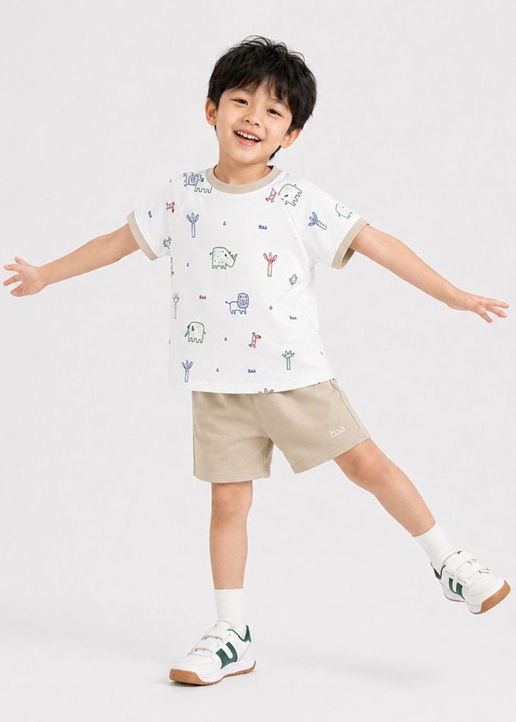 Bộ Thun Ngắn Tay Bé Trai Trắng Hoạ Tiết Forest Friends Phối Be