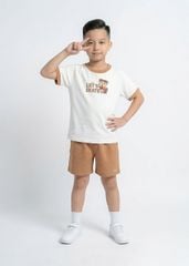 Bộ Thun Ngắn Tay Bé Trai Trắng Phối Nâu Gấu Trượt Ván