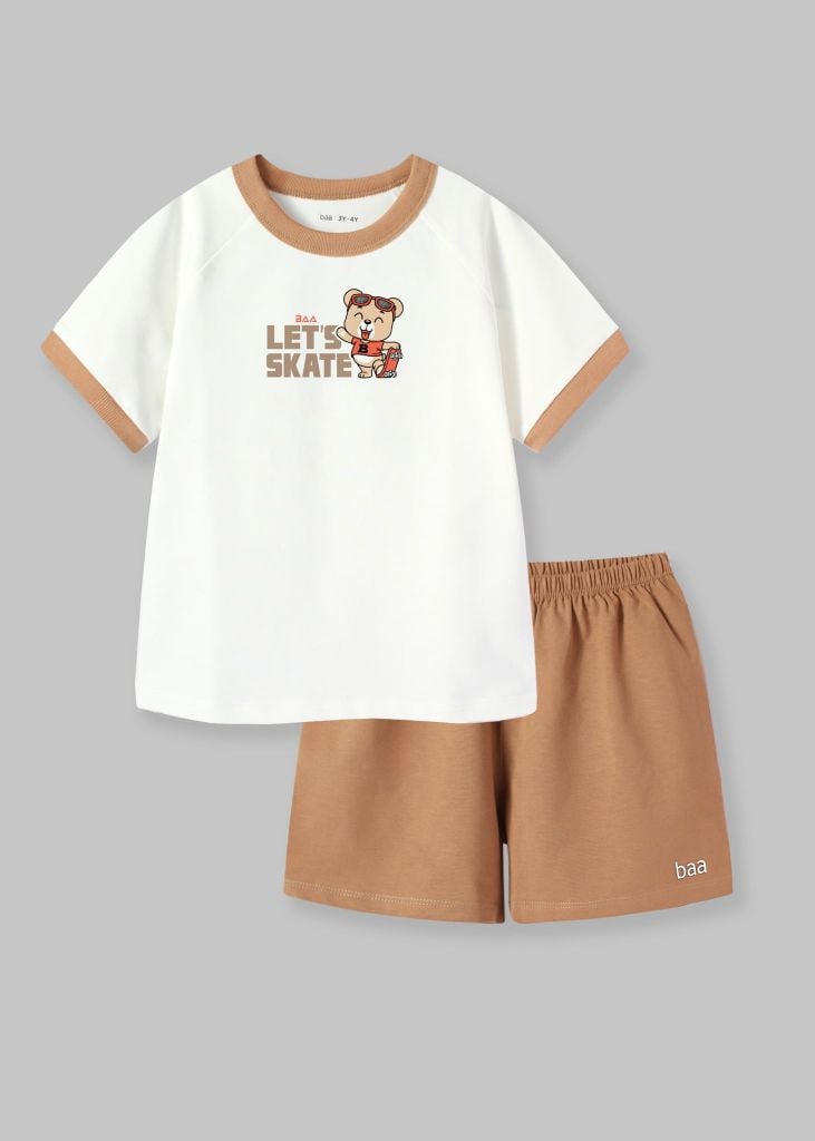 Bộ Thun Ngắn Tay Bé Trai Trắng Phối Nâu Gấu Trượt Ván