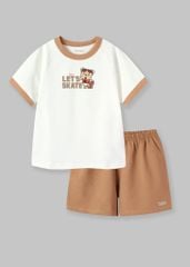 Bộ Thun Ngắn Tay Bé Trai Trắng Phối Nâu Gấu Trượt Ván