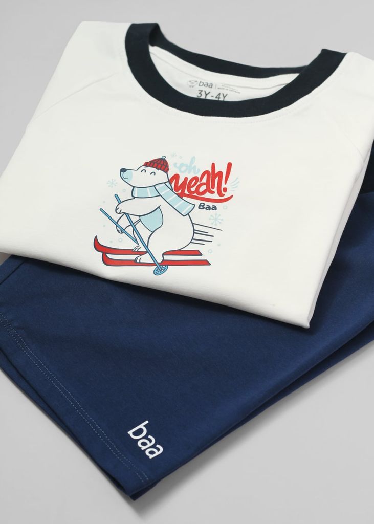 Bộ Thun Ngắn Tay Bé Trai Trắng Winter Bear Phối Navy