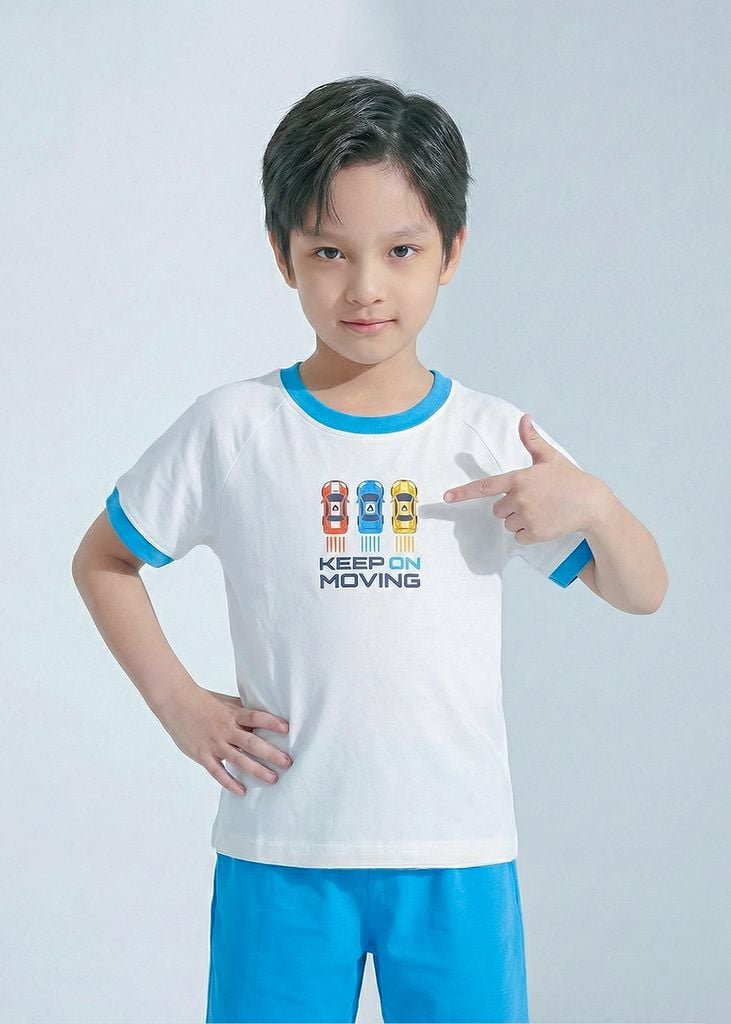 Bộ Thun Ngắn Tay Bé Trai Trắng Xe Đua Phối Xanh