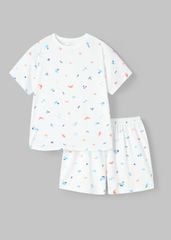 Bộ Thun Ngắn Tay Bé Trai Viscose Trắng Hoạ Tiết Biển 02