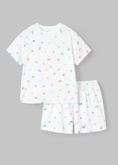 Bộ Thun Ngắn Tay Bé Trai Viscose Trắng Hoạ Tiết Biển