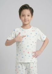 Bộ Thun Ngắn Tay Bé Trai Viscose Trắng Hoạ Tiết Biển