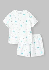 Bộ Thun Ngắn Tay Bé Trai Viscose Trắng Hoạ Tiết Khủng Long