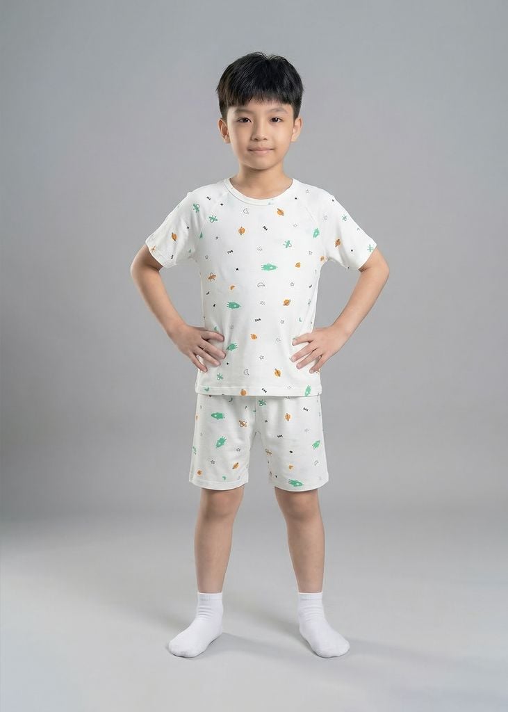Bộ Thun Ngắn Tay Bé Trai Viscose Trắng Hoạ Tiết Vũ Trụ