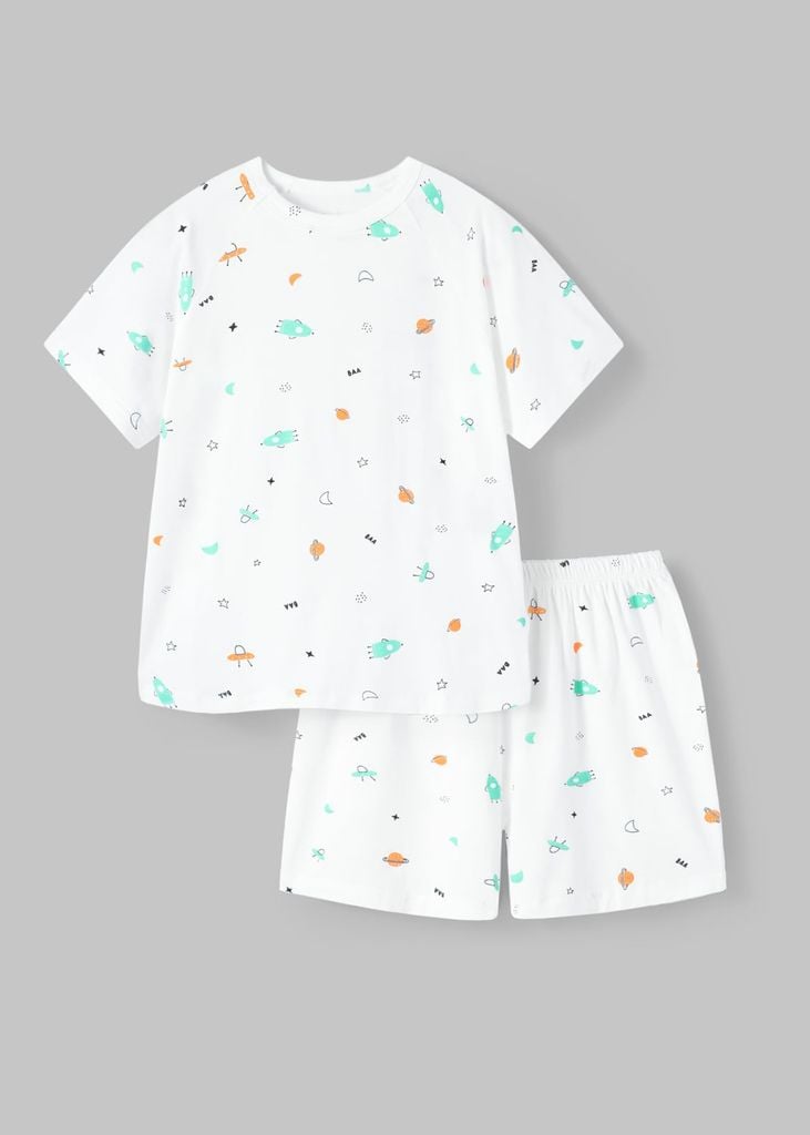 Bộ Thun Ngắn Tay Bé Trai Viscose Trắng Hoạ Tiết Vũ Trụ