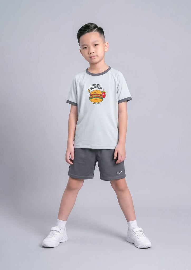 Bộ Thun Ngắn Tay Bé Trai Xám Happy Burger Phối