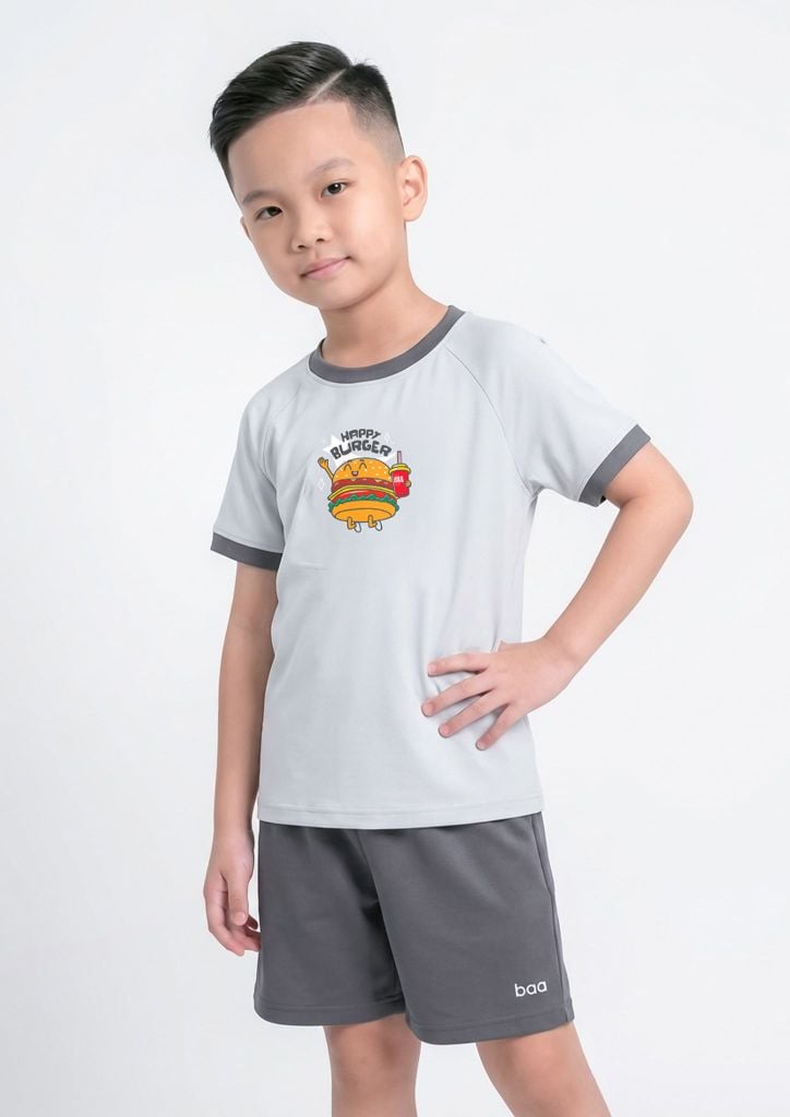 Bộ Thun Ngắn Tay Bé Trai Xám Happy Burger Phối