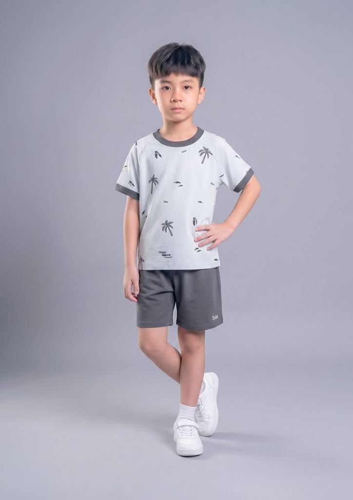 Bộ Thun Ngắn Tay Bé Trai Xám Hoạ Tiết Cây Dừa Phối