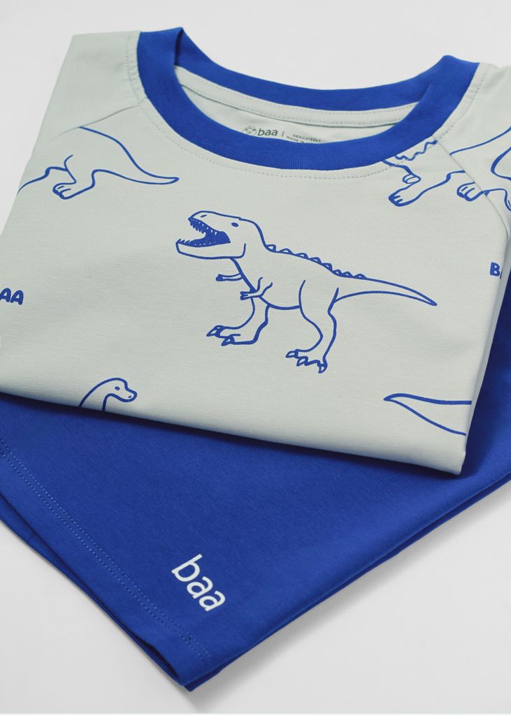 Bộ Thun Ngắn Tay Bé Trai Xám Hoạ Tiết Khủng Long Phối Xanh