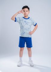 Bộ Thun Ngắn Tay Bé Trai Xám Hoạ Tiết Khủng Long Phối Xanh