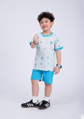 Bộ Thun Ngắn Tay Bé Trai Xám Hoạ Tiết Summer Phối Xanh Biển