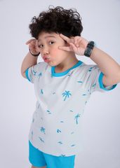 Bộ Thun Ngắn Tay Bé Trai Xám Hoạ Tiết Summer Phối Xanh Biển