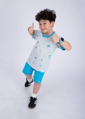 Bộ Thun Ngắn Tay Bé Trai Xám Hoạ Tiết Summer Phối Xanh Biển