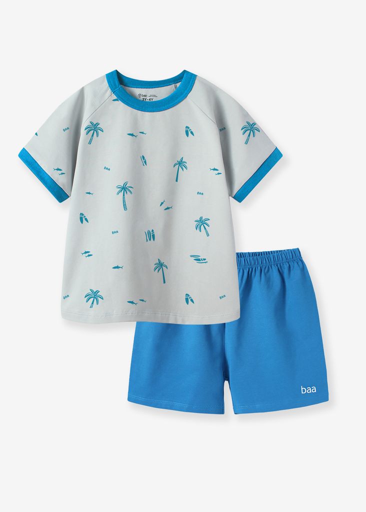 Bộ Thun Ngắn Tay Bé Trai Xám Hoạ Tiết Summer Phối Xanh Biển