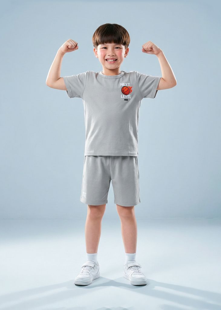 Bộ Thun Ngắn Tay Bé Trai Xám Nhạt Basketball