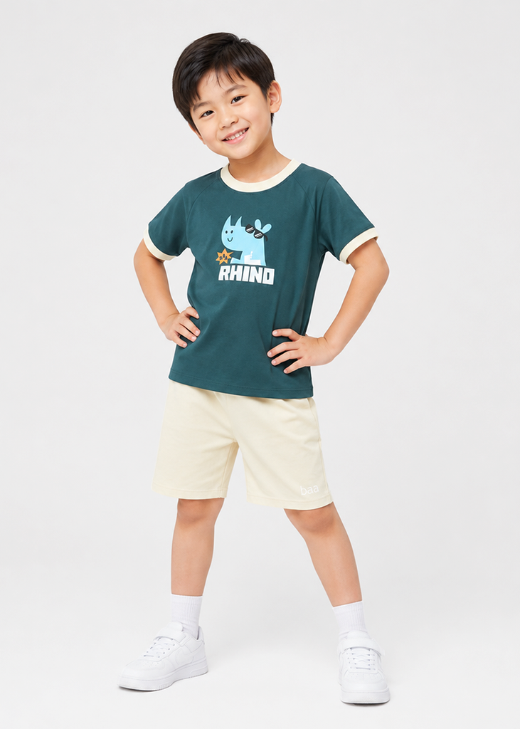 Bộ Thun Ngắn Tay Bé Trai Xám Xanh Rhino Phối Kem