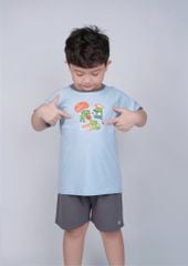 Bộ Thun Ngắn Tay Bé Trai Xanh Biển Khủng Long Phối Xám