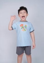 Bộ Thun Ngắn Tay Bé Trai Xanh Biển Khủng Long Phối Xám
