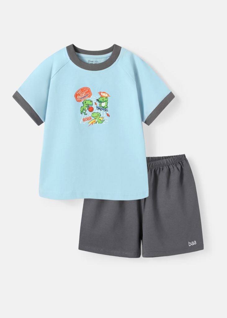 Bộ Thun Ngắn Tay Bé Trai Xanh Biển Khủng Long Phối Xám