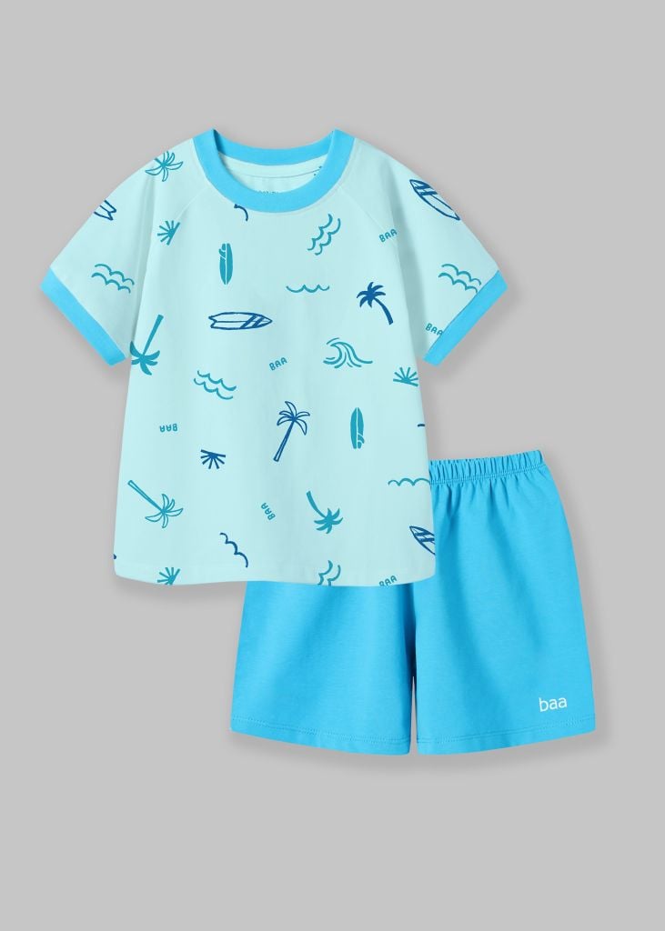 Bộ Thun Ngắn Tay Bé Trai Xanh Hoạ Tiết Summer Phối