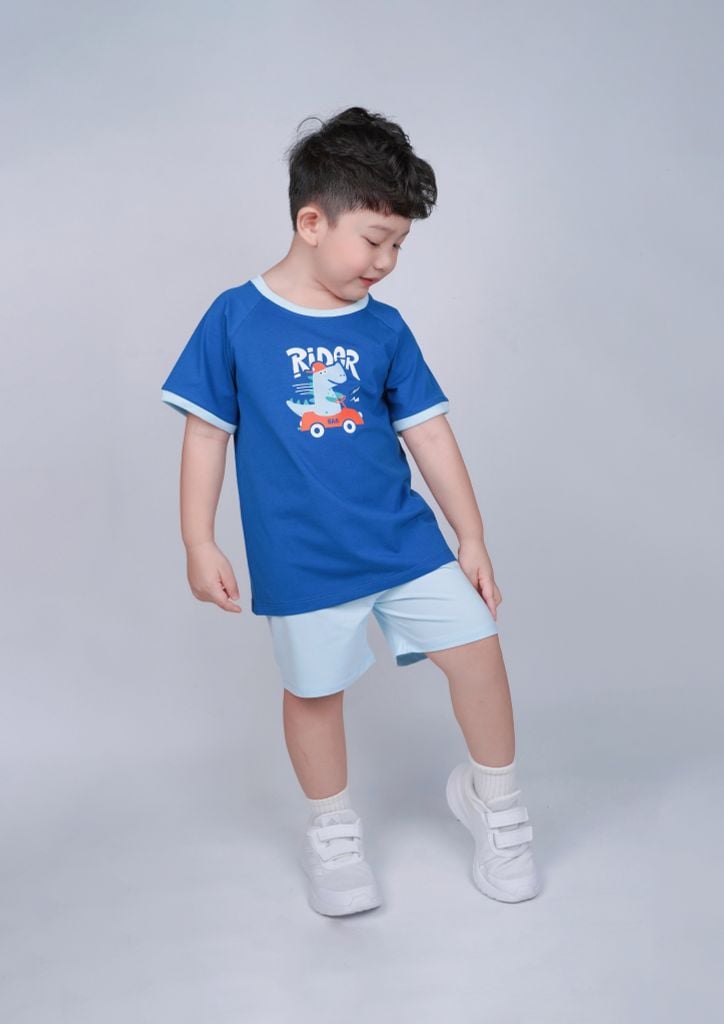Bộ Thun Ngắn Tay Bé Trai Xanh Khủng Long Phối